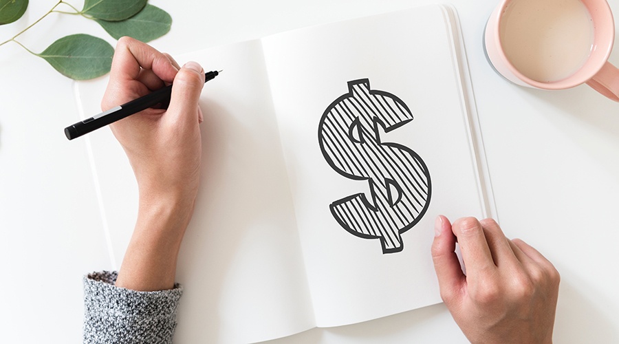 Woman drawing a large dollar sign in a white notebook