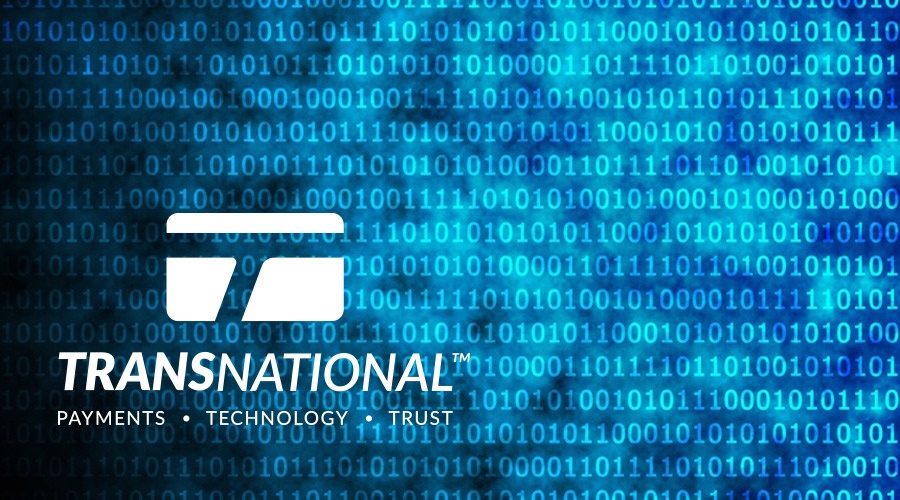 TransNational Payments logo placed over a binary code on a shiny blue background