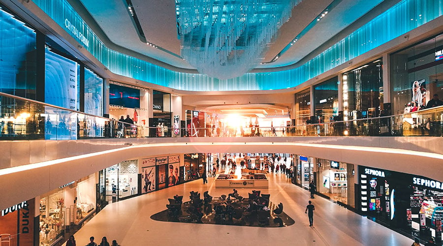 Large number of retail boutiques inside a shopping mall