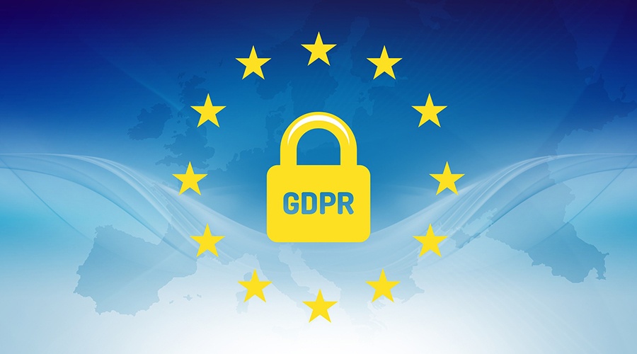 Golden GDPR lock inside a transparent European flag with an outline of Europe in the background