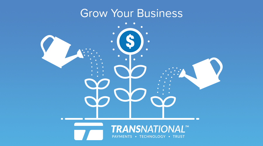 Two watering cans pouring water on a plant with the "grow your business" phrase above and TransNational Payments' logo below