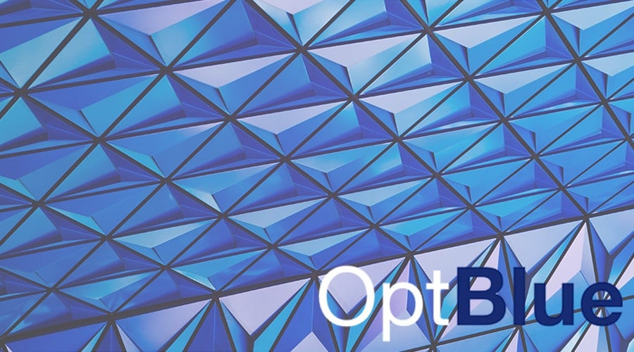 Abstract blue crystal glass structure with an OptBlue logo in the corner