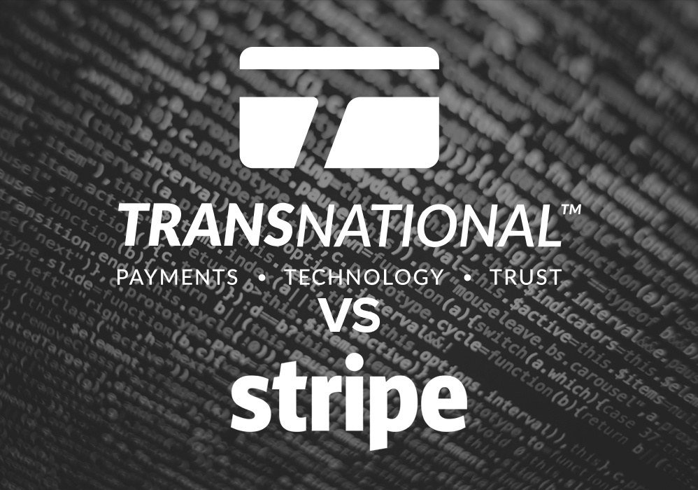 TransNational Payments and Stripe logos over a computer code background